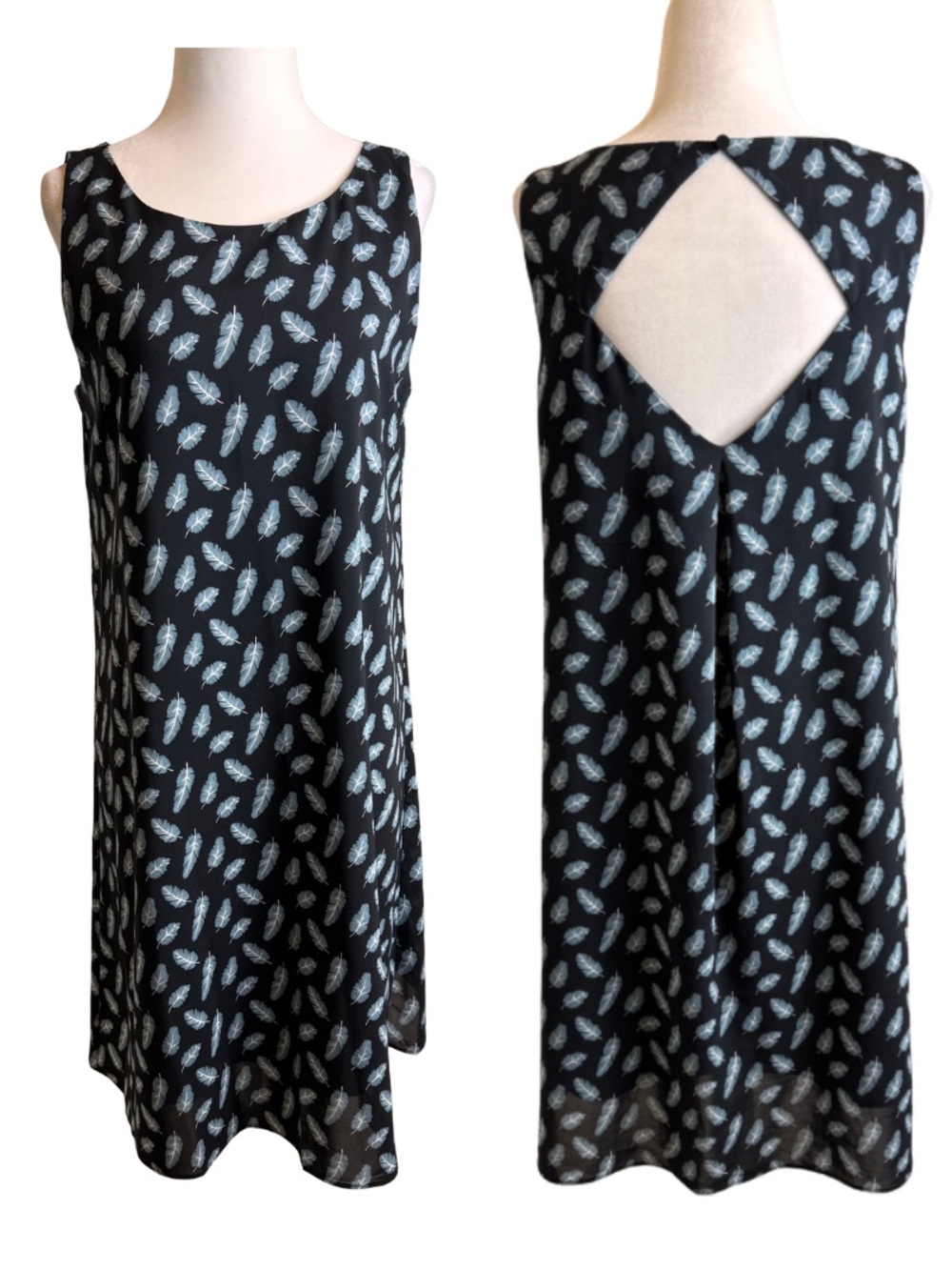 Philosophy Black with Teal Feather Print Sleeveless Shift Dress Medium